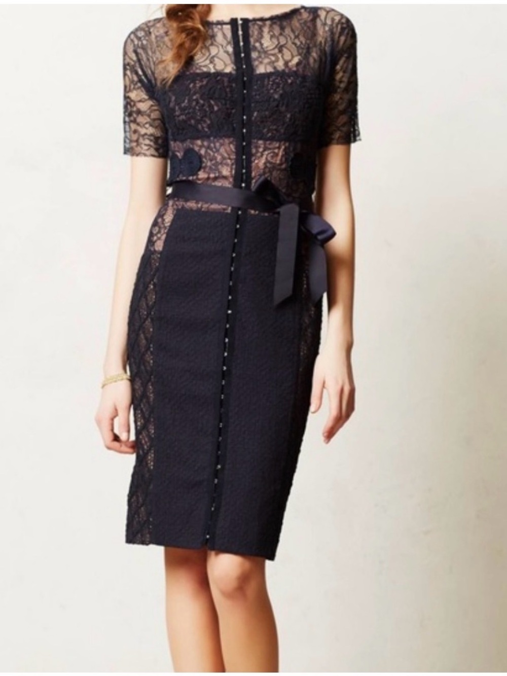 Byron Lars Black Lace Midi Dress with Ribbon Waist
